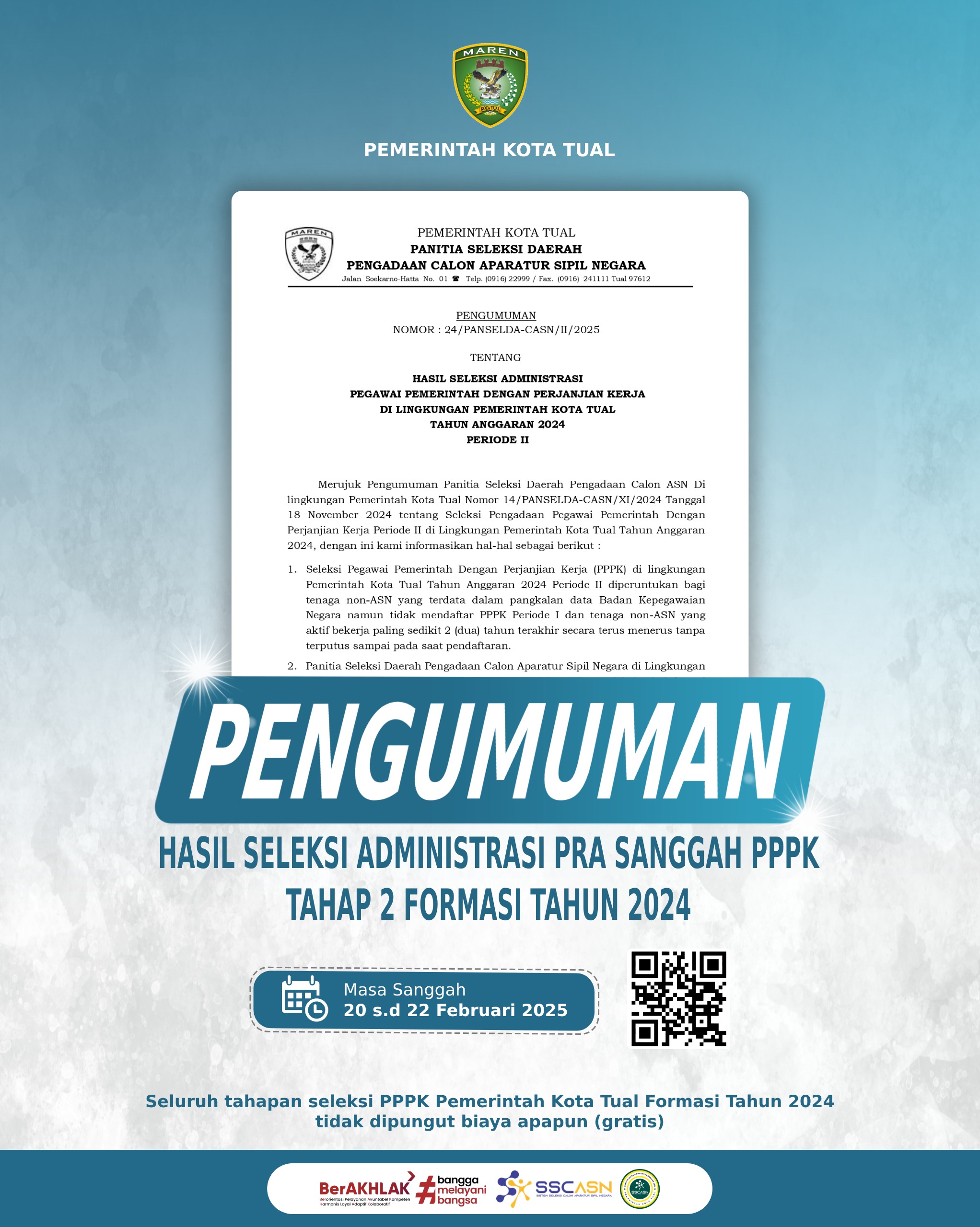 Hasil Seleksi Administrasi Pra Sanggah PPPK Tahap 2 di Lingkungan Pemerintah Kota Tual Tahun Anggaran 2024
